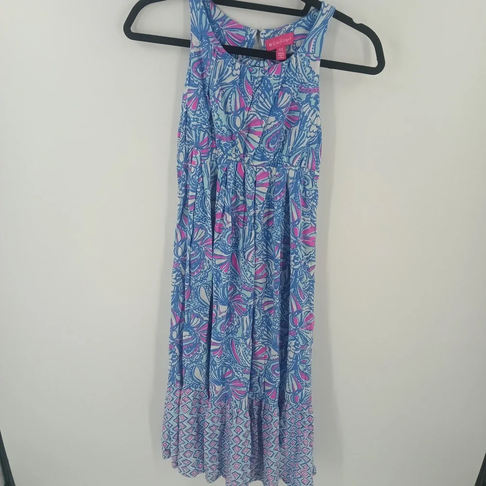 Lilly Pulitzer Girls Blue Pink Paisley Geometric Tiered Dress M 7/8. 40